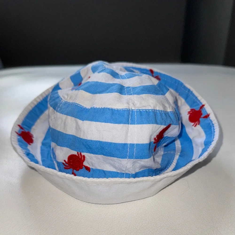 Mud Pie Bucket Hat Blue and White Striped w Red Crab Embroidery size 0-12 month
